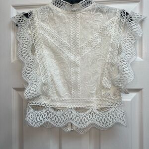 White Embellished Sleeveless Crop Blouse with Mandarin Collar